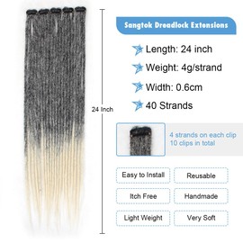 Sangtok 10 PCS Clip in Dreadlock Extensions, 24 inch Synthetic Dreads Extensions, Thin Straight Dreadlock for White Women(1b-613)