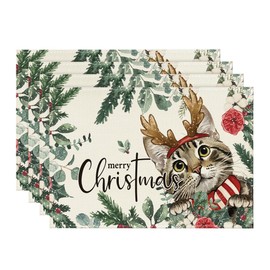 Artoid Mode Holly Eucalyptus Christmas Placemats Set of 4, 30 x 45cm Seasonal Winter Xmas Holiday Vintage Washable Set of 4