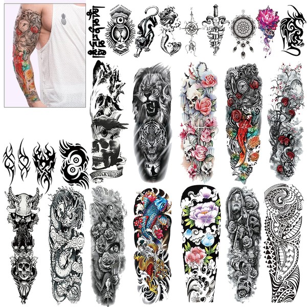 Konsait Full Sleeve of Temporary Tattoos, 24 Sheets of Temporary Tattoos, Black, Tattoo Stickers, Fake Arm Tattoos, Body Art for Men and Women, Dragon, Anchor, Rose and More