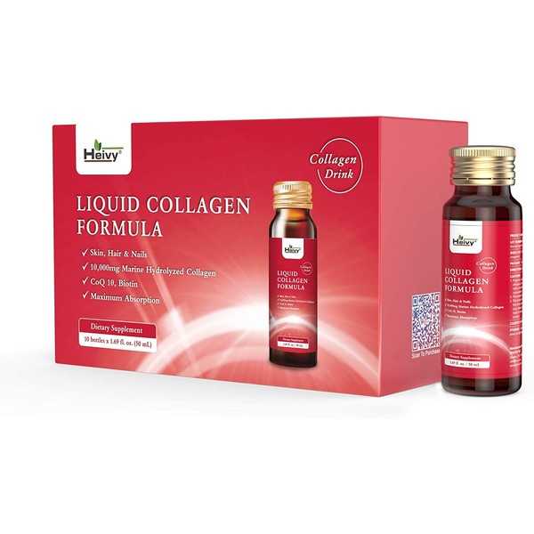 Heivy Liquid Collagen Formula, Collagen Drink, 10,000mg Marine Collagen, with Jasmine Extract Coenzyme Q10 Piperine, 1.69 fl. oz./Bottle. (3 Boxes,30 Bottles)