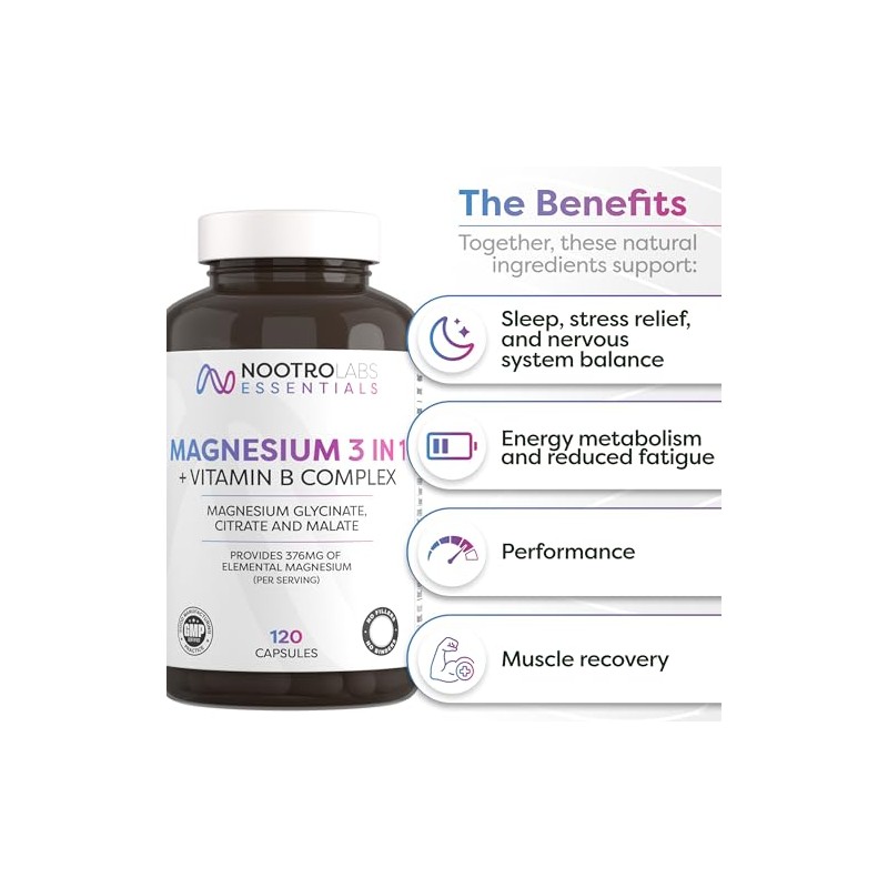 Nootro Essentials Magnesium 3-in-1 Capsules, High Strength Magnesium Supplements with
