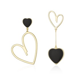 EVER FAITH Mismatched Heart Earrings for Women, Asymmetric Heart Drop Dangle Earrings, 14K Gold Palted Black Heart Earrings Jewelry Gifts