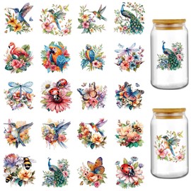 AFRITEE Transfer UV DTF Decals - 20 Sheets Vintage Birds UV DTF Cup Wraps for 16 oz Glass Water Bottle, Cute Ladybug Bee Dragonfly Flowers Rub on Transfer Stickers for DIY Furniture Crafts Decals