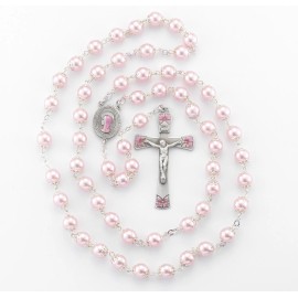 HMH Religious 8mm Round Pink Capped Bead Rosary with Pink Enamel Accents in Center & Crucifix