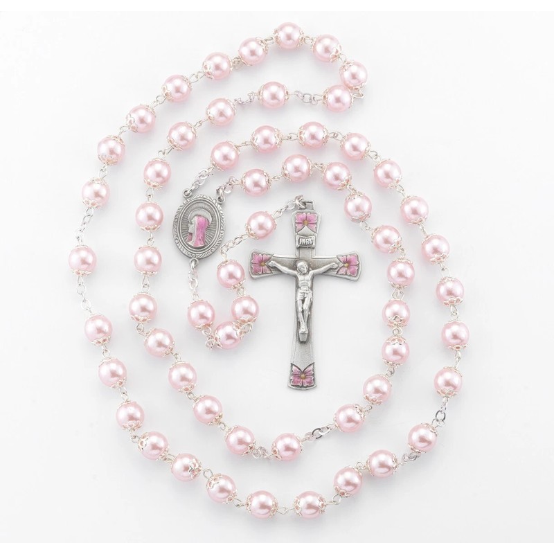 HMH Religious 8mm Round Pink Capped Bead Rosary with Pink