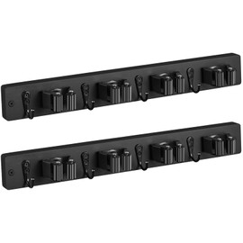 OUTNILI 2 Pack Black Mop Broom Holder Wall Mount - Rustic Wood Broom Mop Hanger - Wall Mounted Garden Tool Rack Organizer for Closet Garage Laundry Room, 4 Slots & 4 Hooks