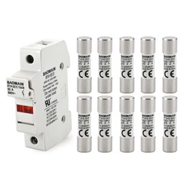 Baomain RT18-32 Fuse Holder Base with 10x2A Ceramic Fuses (10x38mm) – 1 Pole DIN Rail Mount, LED Indicator, CE Certified (2 Amp)