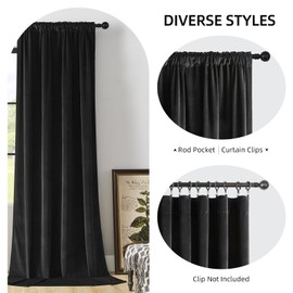 Joydeco Velvet Curtains 108 inches Long 2 Panels, Luxury Blackout Thermal Insulated Super Soft Rod Pocket Window Drapes for Bedroom Living Dining Room, Black, W52 x L108