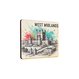 Wooden Fridge Magnet West Midlands Castle Design with Watercolor Splash Art (mag-kf25-2202)