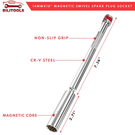BILITOOLS 14mm Magnetic Spark Plug Socket Swivel Thin Wall Spark Plug Socket 3/8-inch Drive x 10" Total Length with 6-Point, CR-V