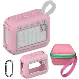 Silicone Cover and Hard Travel Case for JBL Go 4 Ultra Portable Bluetooth Speaker, Accessories for JBL Go 4 Pro Sound Bluetooth Speaker Stand Up Holder (Hard Case and Silicone Case) (Pink Case)