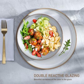 E-far Pasta Bowls Set of 4, 35oz Large Salad Bowls for Serving, Wide and Shallow Ceramic Bowls Plates for Kitchen, Double Reactive Glaze, Microwave and Dishwasher Safe, Seashell White