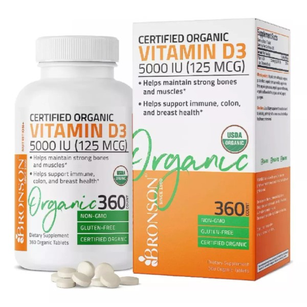 Bronson Vitamina D3 Orgánica 5000ui 125mcg (360 Tabs) Americano Sabor Sin Sabor