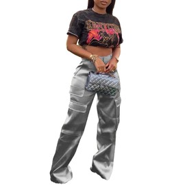 XZLUFNY Satin Cargo Pants for Women High Waisted Zipper Button Closure Wide Leg Cargo Pants with Pockets Gray S