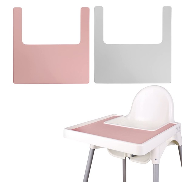 High Chair Placemat, Long Lasting High Chair Placemat Silicone, 2-Piece Set, Can Be Used Interchangeably, Suitable for IKEA Antilop Highchai, for Toddlers and Babies (Pink/Grey)