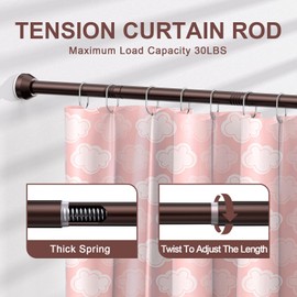 TEECK Shower Curtain Rod, 32-79 inch Adjustable Tension Spring, 1 Inch Shower Curtain Rod Tension, Anti-Slip, Rust-Proof, No Drilling, for Bathroom, Brown