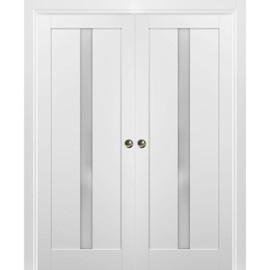 French Double Pocket Doors | Quadro 4112 White Silk with Frosted Opaque Glass | Sample of Color