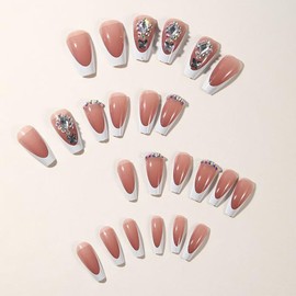 Long Press on Nails French Tip Fake Nails Coffin False Nails Press ons with Bling Rhinestone Design,Reusable Artificial Nails Glossy Full Cover Glue on Nail Stick on Nail for Women Manicure 24 Pcs