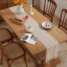 meioro Crochet Lace Table Runner, 12x48 Inch Boho Cotton Table Runners with Tassels, Rustic Farmhouse Table Decoration 48 Inches Long, Mesh Woven Table Decor for Bridal Shower Party Wedding