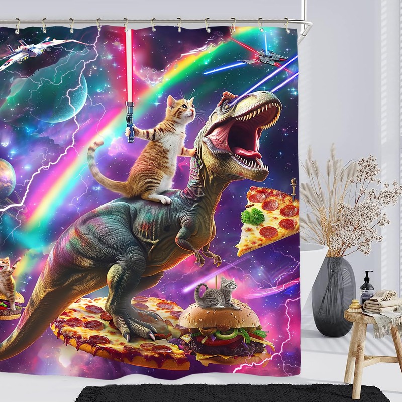 Miyotaa Funny Cat Dinosaur Shower Curtain Set 60Wx71H Inches Hilarious