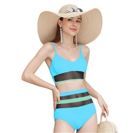 Trajes de baño de bikini de cintura alta para mujer 2025 con control de abdomen y bloques de color, conjuntos de baño de dos piezas, Azul, Small