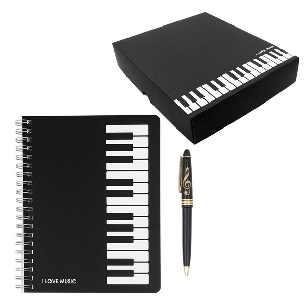 Adorable coffret cadeau, 1 carnet de notes de musique noir avec 1 stylo à bille motif clé de sol (style clavier de piano)
