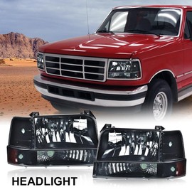 G-PLUS Headlight Compatible with Ford F150/250/350 Bronco/F-Super Duty 1992-1997 w/Corner Signal Driver Passenger Side Pair Headlamps Smoky Lens Black Housing Amber Reflector
