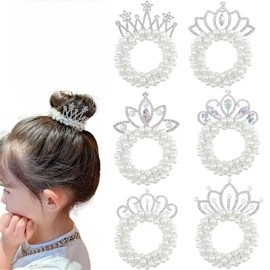 6Pcs Beaded Hair Accessories, Pearl Beads Hair Scrunchies with Crown, White Pearl Beads Crystal Crown Scrunchies, Crystal Shiny Tiaras Headbands, Princess Hair Rope Ties for Women Girls