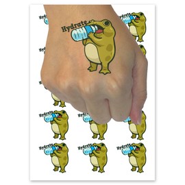 Hydrate Frog with Water Bottle Temporary Tattoo Water Resistant Fake Body Art Set Collection - 15 2" Tattoos (1 Sheet)