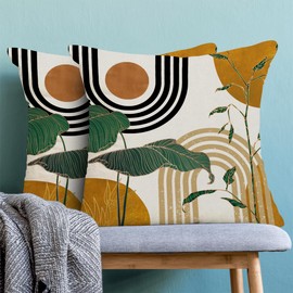 Sorktse Boho Pillow Covers 18x18 Inch Set of 2 Mustard Yellow Mid Century Throw Pillow Covers Summer Gold Green Tropical Leaf Pillow Cases Outdoor Decor for Living Room Bedroom Linen Square Cushion