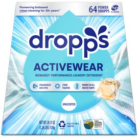 Dropps Activewear Laundry Detergent Pods, Unscented (64 Count) - Free & Clear | Fights Sweat & Body Odors | For Synthetic Workout Clothes | Clean Ingredients | Plastic Free Packaging