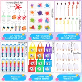 Zhanmai Paint Party Favors Kids Toddler Art Party Painting Canvas Watercolor Paints Art Painting Straws Keychain Temporary Tattoo Tote Bags Set for Kids Birthday Valentine Prizes(Rectangle, 168 Pcs)