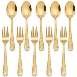 E-far Toddler Forks and Spoons Set, 10-Piece Stainless Steel Toddler Utensils Kids Safe Silverware for Self Feeding, Healthy & Non-Toxic, Gold