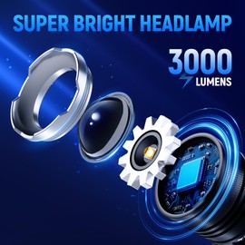 Rechargeable Headlamp 3000 Lumens, 5 Modes Head Lamp for Forehead Zoomable, Super Bright Headlamp for Adults Waterproof, 90° Adjustable Head light & 9000mAh Long Runtime for Camping, Hunting, Hiking
