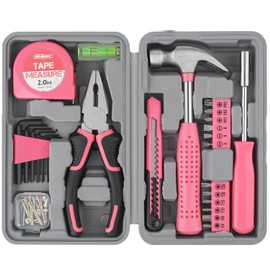 Hi-Spec Tool Set 25pc Pink Household DIY Tool Kit for Women. Small Mini Tool Box Set of Starter Basic Ladies Tools