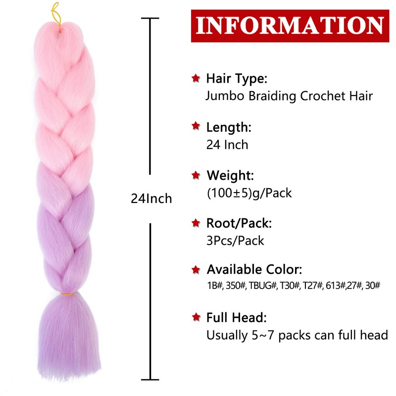 Xtrend 24Inch 3packs Jumbo Braiding Hair Pink to Purple Kanekalon