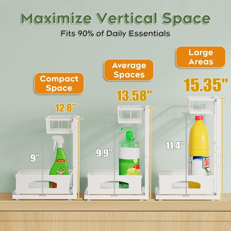 Under Sink Organizer, 2 Pack Cabinet Organizer for Kitchen, Height