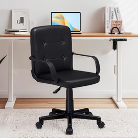 VECELO Executive Office Adjustable Height Casual Desk Chair with Armrests PU Leather Mid-Back 360 Degree Swivel with Wheels, Suit for Study, Work, Makeup, Leisure, Black, Set of 1