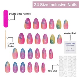 Colorful Obrem Press on Nails Medium Almond Cat Eye Fake Nails Full Cover Summer Acrylic Nails Rainbow False Nails with Designs Glossy Glue on Nails Handmade Artificial Nails for Women Girls 24Pcs