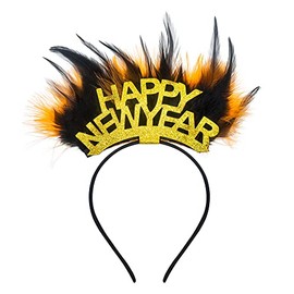 Happy New Year Feather Headbands Tiara for Women Man Kids, Golden Glitter Words Headwear Holiday Hair Hoops Accessories for Christmas 2022 New Year Eve Party Supplies