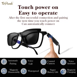 ToPanda Smart Audio Glasses (3rd Gen), TWS Open Ear Speakers with Bluetooth 5.0 Connectivity for Gaming Meeting.(Black/Black-2 in 1 Lenses)