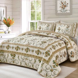 Anibedding Floral Quilt Set Queen Size, Retro Brown Flower Pattern Quilts Bedspread,Soft Microfiber Lightweight Bed Cover for All Season(Queen, 96"x90")