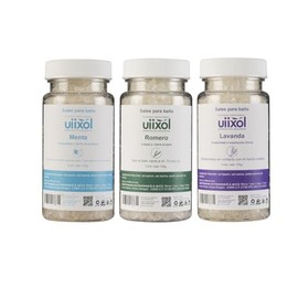 Uiixol Aceites Esenciales | Paquete de 3 Sales de Baño para Tina con Sal Marina y Sales de Epsom, Efecto Relajante y Aromaterapia, Aroma a Romero, Menta y Lavanda 100gr c/u.