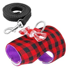 Stock Show Small Pet Outdoor Walking Harness Vest and Leash Set with Cute Bowknot Decor Chest Strap Harness for Rat Ferret Squirrel Hamster Clothes Accessory, Red Plaid