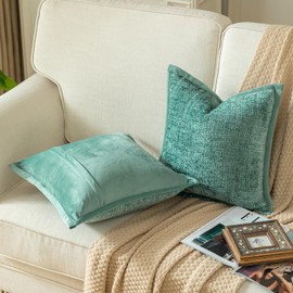 Yaertun Set of 2 Cushion Covers, Teal, 40 x 40 cm, Chenille Cushion Covers, Decorative Cushion Cover, Sofa Cushion, Decorative Cushion, Velvet Back, for Sofa, Bedroom, Living Room, Soft, Cosy