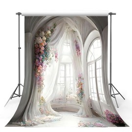 AIBIIN 5x7ft White Window Curtain Photography Backdrop Arch Wall Flower Background Pregnant Women Wedding Birthday Portrait Decor Studio Photo Supplies