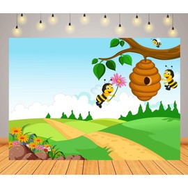 Loccor 5x4ft Fabric Cartoon Bee Theme Backdrop Honey Bee and Beehive Cartoon Fairy Tale Forest Background Kids Birthday Party Decorations Baby Shower Photo Booth Props