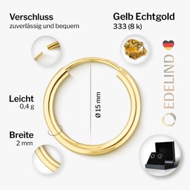 EDELIND Hoop Earrings Gold 15 mm 333 375 585 750 Yellow Gold Hoop Earrings Women Girls 8 9 14 18 K Real Gold Width 2 mm Basic Earrings with Jewellery Gift Box, 333 (8 carat) yellow gold, No Gemstone