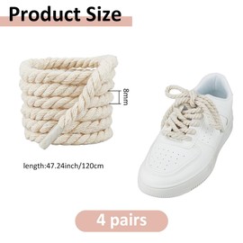 SUPERFINDINGS 4 Pairs Beige Thick Rope Shoelaces 8mm Width Round Shoelaces Cotton Shoestrings Replacement Shoe Laces Chunky Shoestring for Sneakers, 1.1-1.2m