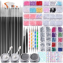 FANDAMEI Nail Art Brushes Set, Nail Art Kits, 3D Nail Charms Nail Design Tools Kit, Nail Set for Beginners ,Nail Dotting Tool, Nail Rhinestones,Chrome Nail Powder,Nail Stickers Nail Art Decoration Kit